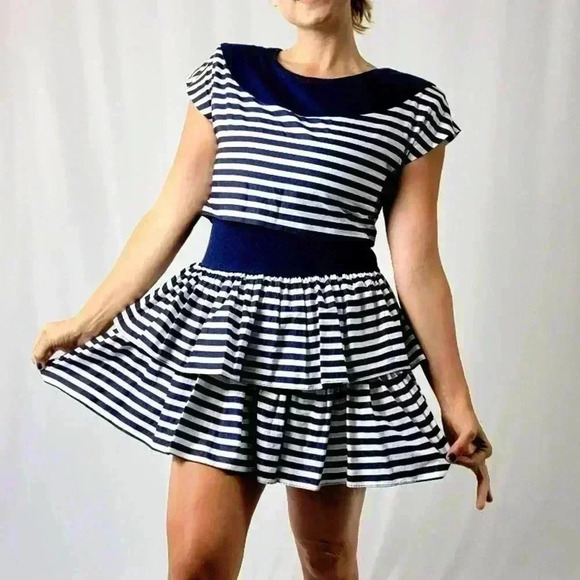 Vintage 80s Diamond’s Run Striped A-Line Ruffle Flare Skirt Dress - M - Picture 3 of 7